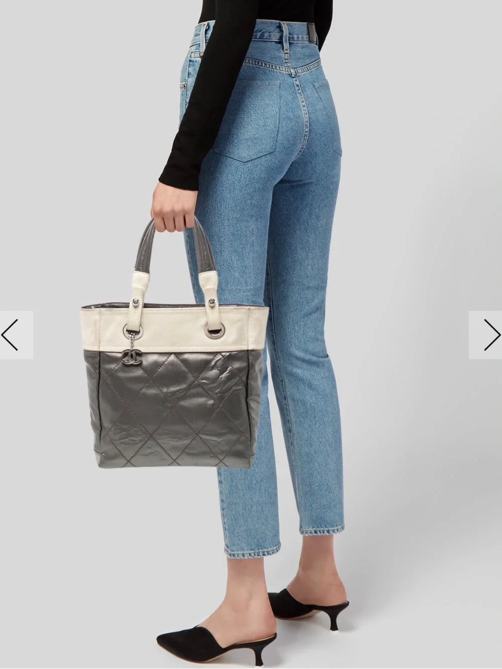 CHANEL Two-Tone Quilted Tote in Silver and Cream